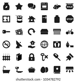 Flat vector icon set - sponge vector, house hold, pan, jar, cereal, egg, paper pin, binder, scales, bike, sports nutrition, no smoking, money, port, hook, big, satellite antenna, internet, dialog
