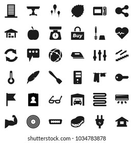 Flat vector icon set - sponge vector, drying clothes, toilet brush, scales, towel, spatula, pen, glasses, flag, leaf, personal information, diet, heart pulse, muscule hand, stairways run, disk, hdmi