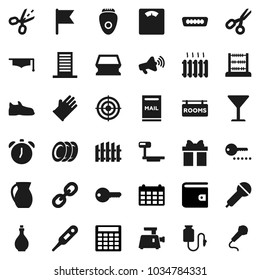 Flat vector icon set - sponge vector, rubber glove, oil, plates, jug, graduate hat, alarm clock, scissors, abacus, flag, wallet, calculator, calendar, scales, snickers, target, glass, big, link, key