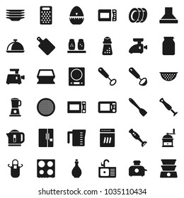 Flat vector icon set - sponge vector, plates, sink, oil, colander, measuring cup, apron, cook timer, whisk, spatula, ladle, cutting board, hand mill, grater, microwave oven, spices, blender, sieve