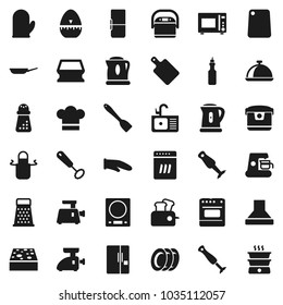 Flat vector icon set - sponge vector, plates, sink, pan, kettle, cook hat, apron, glove, timer, whisk, spatula, cutting board, hand mill, grater, microwave oven, blender, dish, oil, fridge, hood