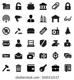 Flat vector icon set - sponge vector, trash bin, toaster, glasses, bell, abacus, bank, credit card, wallet, manager, case, heart monitor, no fastfood, warehouse, protected, barcode, radio, antenna