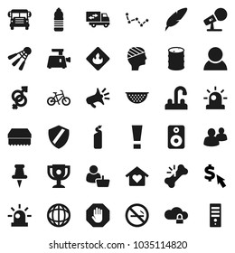 Flat vector icon set - sponge vector, cleaning agent, water tap, colander, pen, award cup, school bus, world, constellation, dollar cursor, bike, bottle, shuttlecock, no smoking, flammable, speaker