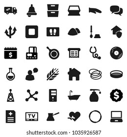 Flat vector icon set - sponge vector, welcome mat, bath, toilet brush, liquid soap, garbage pile, pan, cook glove, turk coffee, sieve, bell, archive, credit card, dollar medal, calendar, cereals, tv