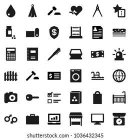 Flat vector icon set - sponge vector, water drop, towel, cereal, copybook, drawing compass, case, pen, calculator, abacus, exam, laptop graph, auction, receipt, personal information, pills vial, key