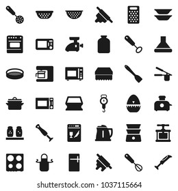 Flat vector icon set - sponge vector, pan, kettle, colander, scales, apron, cook timer, press, whisk, skimmer, spatula, rolling pin, grater, microwave oven, double boiler, spices, plates, sieve, jar