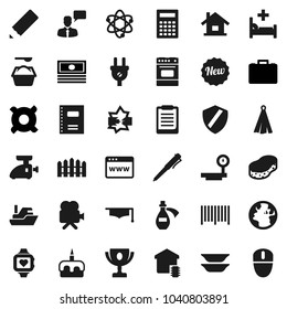 Flat vector icon set - sponge vector, washing powder, towel, oven, plates, cake, copybook, graduate hat, pencil, atom, pen, calculator, clipboard, award cup, cash, case, any currency, heart monitor