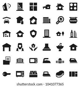 Flat vector icon set - sponge vector, iron, steaming, shining window, house hold, sink, cleaner woman, microwave oven, school building, warehouse, cottage, chalet, garage, estate document, office