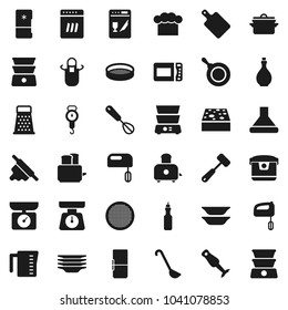 Flat vector icon set - sponge vector, plates, pan, oil, measuring cup, scales, cook hat, apron, whisk, ladle, rolling pin, meat hammer, cutting board, grater, toaster, double boiler, blender, sieve