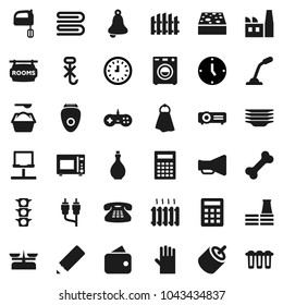 Flat vector icon set - sponge vector, towel, washing powder, rubber glove, plates, oil, mixer, microwave oven, pencil, bell, calculator, clock, bone, traffic light, no hook, loudspeaker, rca, fence