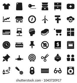 Flat vector icon set - sponge vector, shining window, water closet, skimmer, cutting board, double boiler, glasses, paper pin, compass, archive, graph, annual report, target, no fastfood, clock