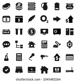 Flat vector icon set - sponge vector, window cleaning, welcome mat, towel, jug, pen, calculator, dollar coin, growth, safe, calendar, shorts, heart monitor, oxygen, protected, notebook pc, battery