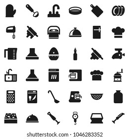 Flat vector icon set - sponge vector, plates, sink, water tap, colander, measuring cup, scales, cook hat, glove, timer, ladle, rolling pin, cutting board, hand mill, grater, sieve, dish, jar, oil