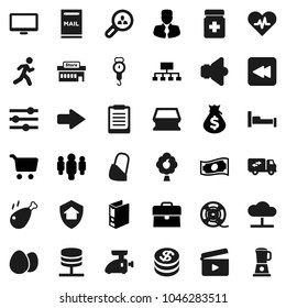 Flat vector icon set - sponge vector, scales, egg, chicken leg, clipboard, cart, cash, money bag, manager, case, man, binder, hierarchy, run, cinema clap, film spool, speaker, monitor, heart pulse