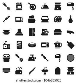 Flat vector icon set - sponge vector, plates, sink, pan, oil, cook glove, skimmer, knife, cutting board, grater, toaster, microwave oven, double boiler, sieve, dish, jar, fridge, mixer, coffee maker