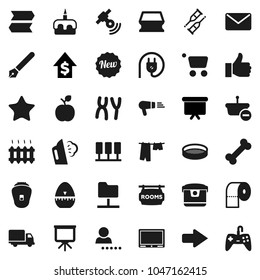 Flat vector icon set - sponge vector, steaming, drying clothes, toilet paper, cook timer, sieve, cake, pen, apple fruit, presentation, dollar growth, board, bone, delivery, satellitie, finger up, tv