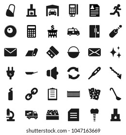 Flat vector icon set - sponge vector, shining, cleaning agent, camping cauldron, pan, ladle, document, crisis, bank building, calculator, personal information, fitness mat, breads, run, clipboard