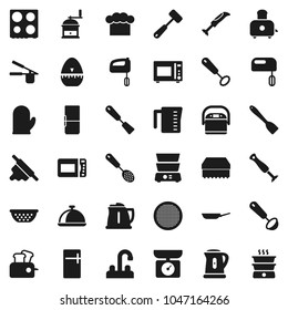 Flat vector icon set - sponge vector, water tap, pan, kettle, colander, measuring cup, cook hat, glove, timer, press, whisk, skimmer, spatula, ladle, rolling pin, meat hammer, hand mill, toaster