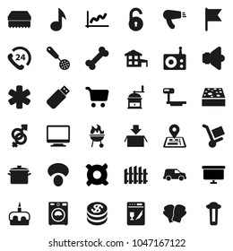 Flat vector icon set - sponge vector, washer, pan, skimmer, hand mill, bbq, mushroom, cake, music, flag, graph, cart, presentation board, any currency, boxing glove, bone, navigator, phone 24, car