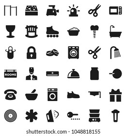 Flat vector icon set - sponge vector, steaming, washer, foam basin, shower, apron, double boiler, dish, jar, graduate hat, scissors, horizontal bar, snickers, roller Skates, glass, disk, pills, lock