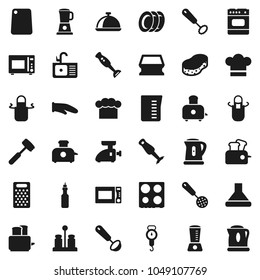 Flat vector icon set - sponge vector, plates, sink, kettle, measuring cup, scales, cook hat, apron, glove, whisk, skimmer, ladle, meat hammer, cutting board, grater, toaster, microwave oven, spices