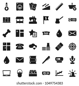 Flat vector icon set - sponge vector, water drop, window cleaning, shining, camping cauldron, turk coffee, book, ruler, pen, graph, dollar flag, target, stairways run, breads, bone, microphone, mail