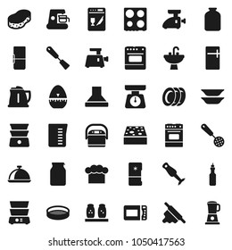 Flat vector icon set - sponge vector, plates, sink, kettle, measuring cup, scales, cook hat, timer, skimmer, spatula, rolling pin, oven, double boiler, spices, blender, sieve, dish, jar, oil, fridge