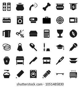 Flat vector icon set - sponge vector, towel, steaming, toilet brush, washer, washing powder, measuring cup, knife, plates, graduate hat, pencil, compass, case, calculator, dollar flag, skateboard