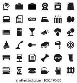 Flat vector icon set - sponge vector, towel, trash bin, iron, rubber glove, kettle, cutting board, egg, mushroom, case, bell, table lamp, document, sand clock, target, bone, wood box, glass, bench