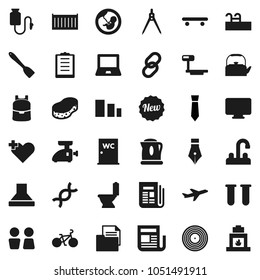 Flat vector icon set - sponge vector, toilet, water closet, tap, kettle, spatula, pen, drawing compass, backpack, notebook pc, tie, bike, skateboard, plane, sea container, clipboard, document, disk