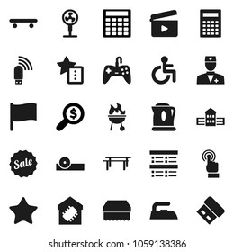 Flat vector icon set - sponge vector, iron, bbq, school building, calculator, flag, exam, money search, horizontal bar, skateboard, cinema clap, touchscreen, favorites, disabled, doctor, eye hat