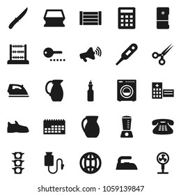 Flat vector icon set - sponge vector, iron, knife, jug, oil, abacus, snickers, traffic light, calendar, wood box, loudspeaker, classic phone, thermometer, scissors, hospital building, drop counter