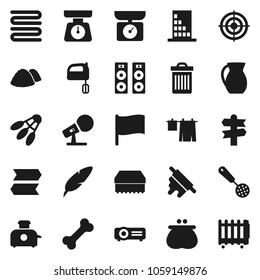 Flat vector icon set - sponge vector, trash bin, drying clothes, garbage pile, scales, towel, skimmer, rolling pin, mixer, jug, pen, flag, target, shuttlecock, bone, signpost, microphone, building