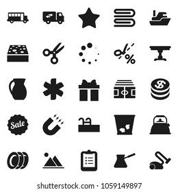 Flat vector icon set - sponge vector, towel, trash bin, plates, kettle, turk coffee, jug, clipboard, magnet, scissors, school bus, stadium, ship, favorites, ambulance star, loading, pool, mountain