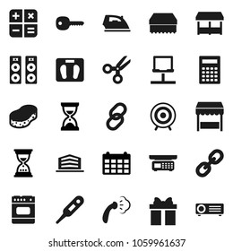 Flat vector icon set - sponge vector, iron, steaming, calculator, scissors, sand clock, calendar, scales, target, link, thermometer, notebook network, key, office building, gift, market, store, oven