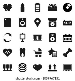 Flat vector icon set - sponge vector, cutting board, presentation, pie graph, calendar, heart pulse, boxing glove, water bottle, bone, map pin, top sign, Railway carriage, speaker, battery, tooth