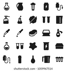 Flat vector icon set - sponge vector, splotch, liquid soap, cleaning agent, oil, measuring cup, jug, flask, enegry drink, vial, dropper, potion, drop counter, water filter