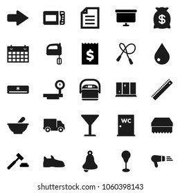 Flat vector icon set - sponge vector, water drop, shining window, closet, mixer, ruler, bell, document, auction, receipt, presentation board, jump rope, punching bag, snickers, calendar, delivery