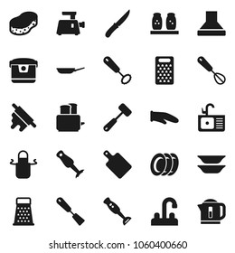 Flat vector icon set - sponge vector, plates, sink, water tap, pan, apron, cook glove, whisk, spatula, knife, rolling pin, meat hammer, cutting board, grater, toaster, spices, blender, grinder, hood