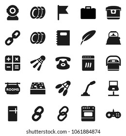 Flat Vector Icon Set - Sponge Vector, Plates, Kettle, Copybook, Pen, Flag, Case, Shuttlecock, Classic Phone, Link, Notebook Network, Chain, Rooms Signboard, Calculator, Dishwasher, Fridge, Oven