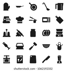 Flat vector icon set - sponge vector, plates, pan, colander, measuring cup, cook hat, apron, glove, press, ladle, knife, rolling pin, meat hammer, cutting board, double boiler, spices, blender, jar