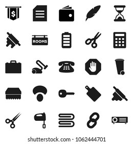 Flat Vector Icon Set - Sponge Vector, Towel, Trash Bin, Rolling Pin, Cutting Board, Mixer, Mushroom, Pen, Case, Scissors, Document, Wallet, Dollar Flag, Classic Phone, Battery, Sand Clock, Chain