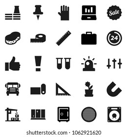 Flat vector icon set - sponge vector, rubber glove, shining window, sieve, corner ruler, magnet, school bus, laptop graph, case, safe, measuring, fitness mat, settings, finger up, thumbtack, vial