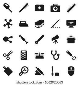 Flat vector icon set - sponge vector, toilet brush, pan, whisk, rolling pin, cutting board, grater, pen, ruler, telescope, first aid kit, social media, scissors, scalpel, stethoscope, client search