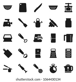 Flat vector icon set - sponge vector, colander, measuring cup, apron, cook timer, press, whisk, skimmer, spatula, ladle, knife, rolling pin, cutting board, grater, jar, fridge, coffee maker, blender