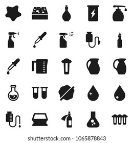 Flat vector icon set - sponge vector, water drop, splotch, liquid soap, sprayer, oil, measuring cup, jug, flask, enegry drink, vial, dropper, potion, counter, filter