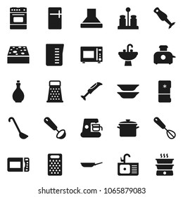 Flat vector icon set - sponge vector, sink, pan, oil, measuring cup, whisk, ladle, grater, microwave oven, spices, blender, plates, fridge, coffee maker, hood, toaster, double boiler