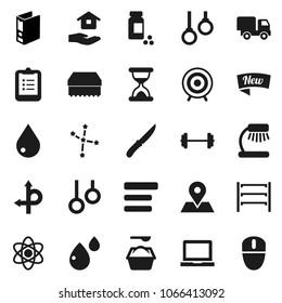 Flat vector icon set - sponge vector, water drop, washing powder, house hold, knife, atom, table lamp, notebook pc, clipboard, constellation, binder, barbell, pills vial, target, gymnast rings, menu