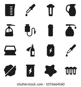 Flat vector icon set - sponge vector, splotch, liquid soap, cleaning agent, measuring cup, jug, enegry drink, dropper, potion, drop counter, water filter