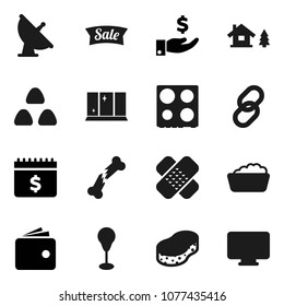 Flat vector icon set - sponge vector, foam basin, shining window, oven, cereal, wallet, investment, dollar calendar, punching bag, satellite antenna, link, broken bone, patch, chalet, sale, monitor